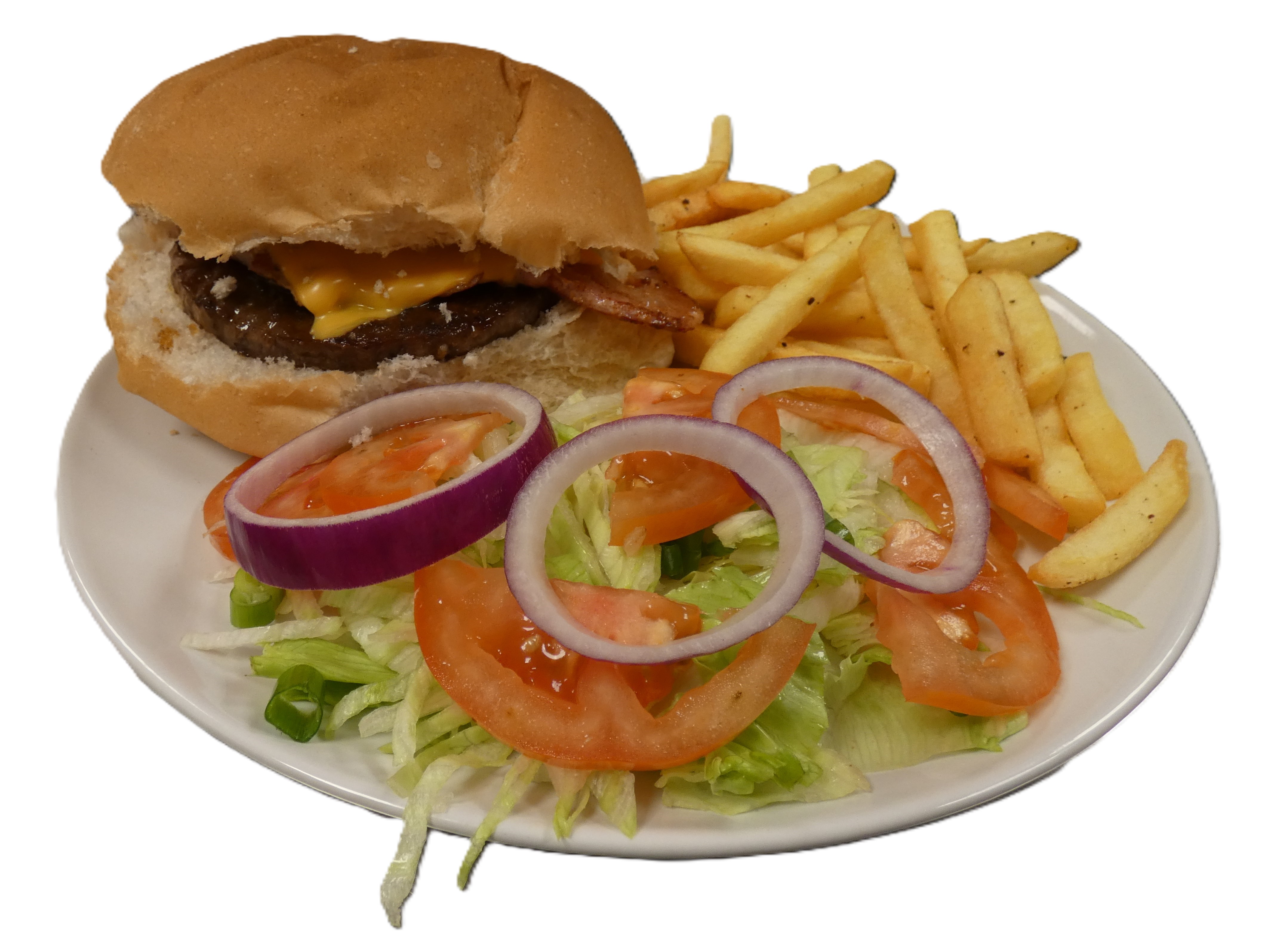 Bacon burger, chips & salad served at AJ's Kitchen