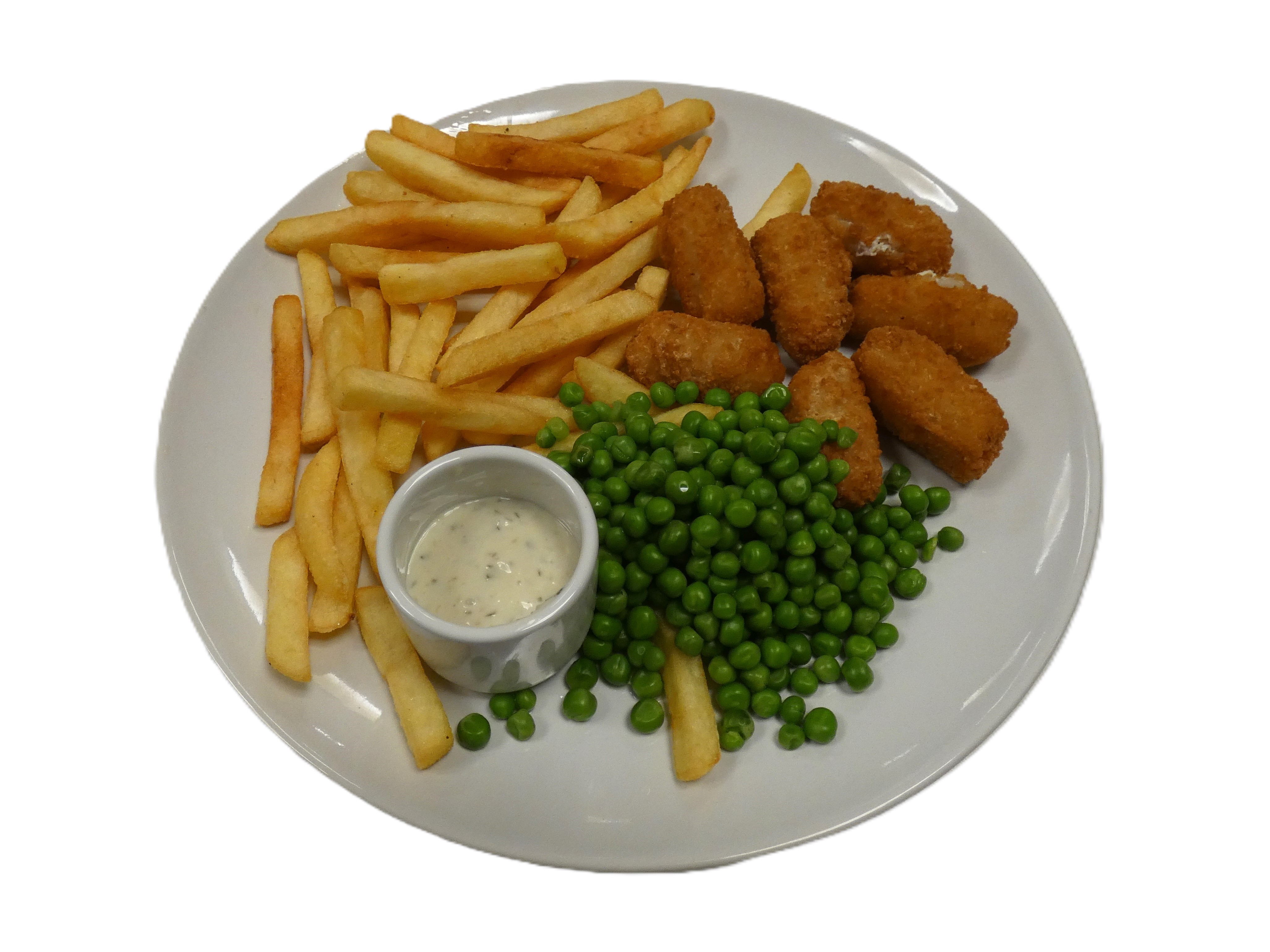 Scampi, chips & peas served at AJ's Kitchen